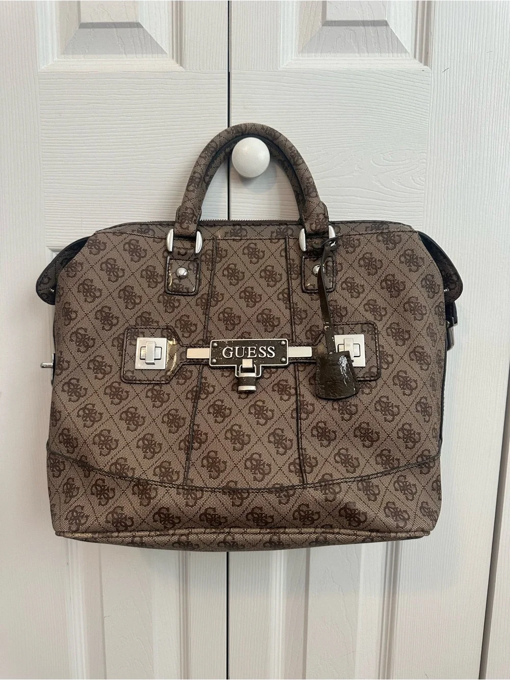 GUESS Brown Monogram Satchel Purse with Logo Plaque
